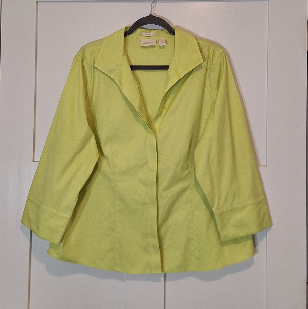 Chico's NO IRON Cotton Button Down Blouse Shirt Long Sleeve Lime Green Size 3/XL